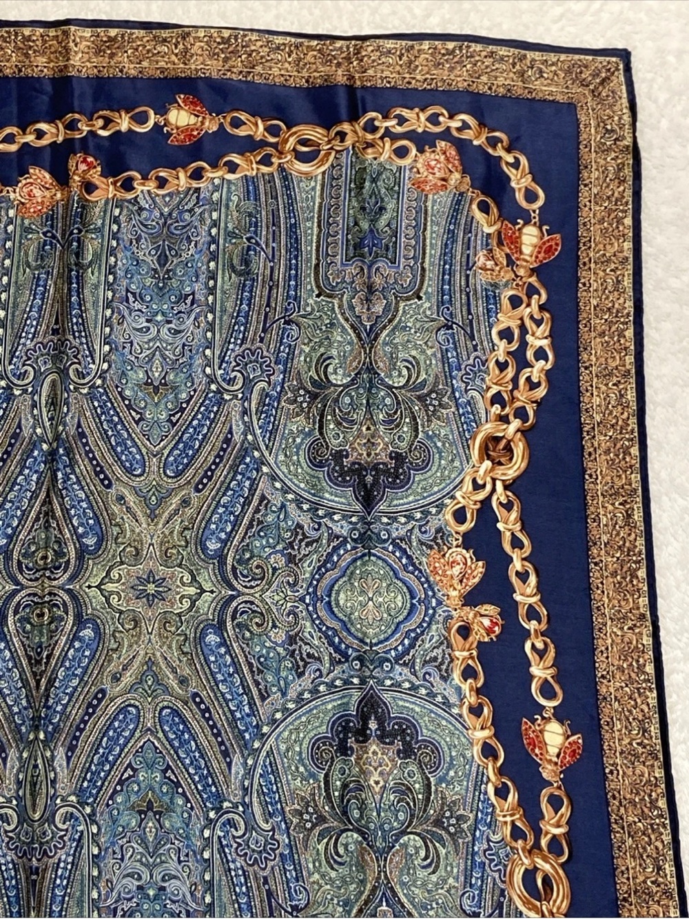 DIOR Vintage SILK Scarf 35” NAVY Gold/Ruby Jewel & Blue-Green Paisley print EUC - Picture 8 of 16